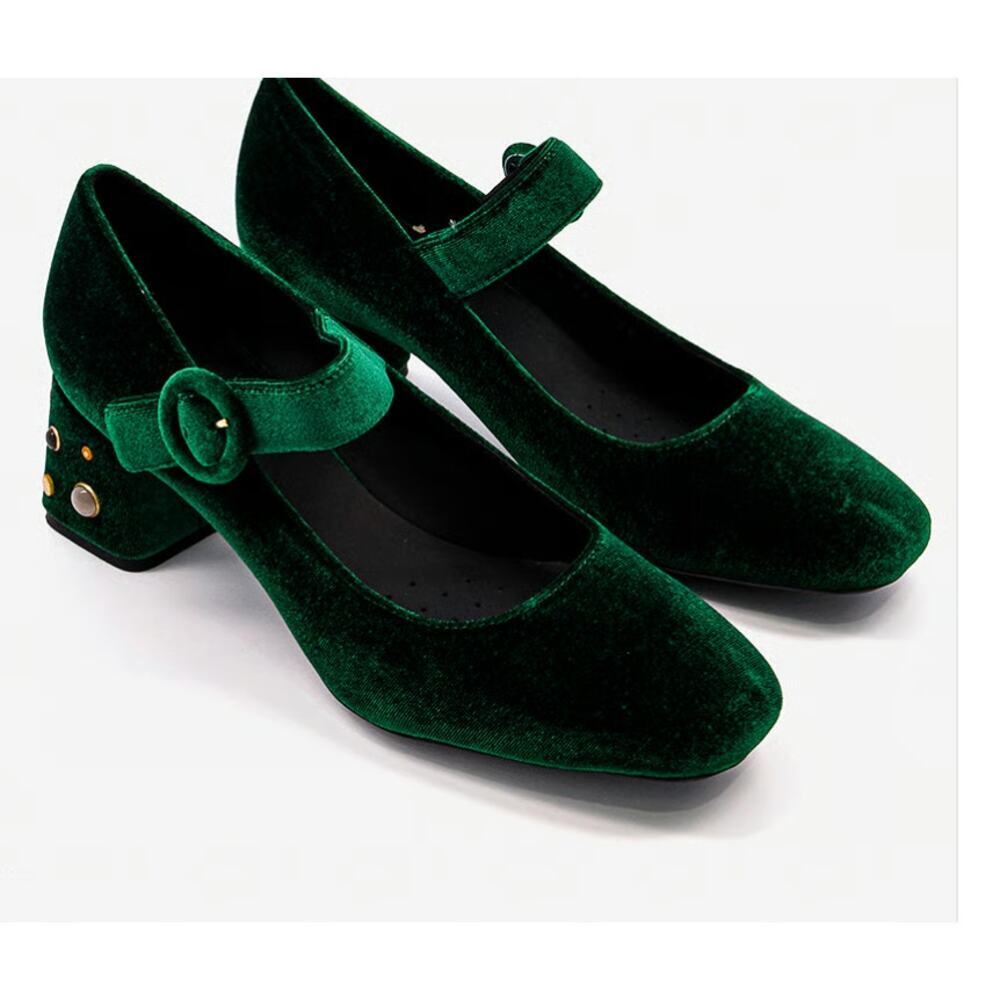 Geox Respira Chloo Emerald Green Velvet Mary Jane Block Heel Pumps Size 9